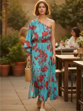 One-Shoulder Blue Floral Maxi Dress with Red Print